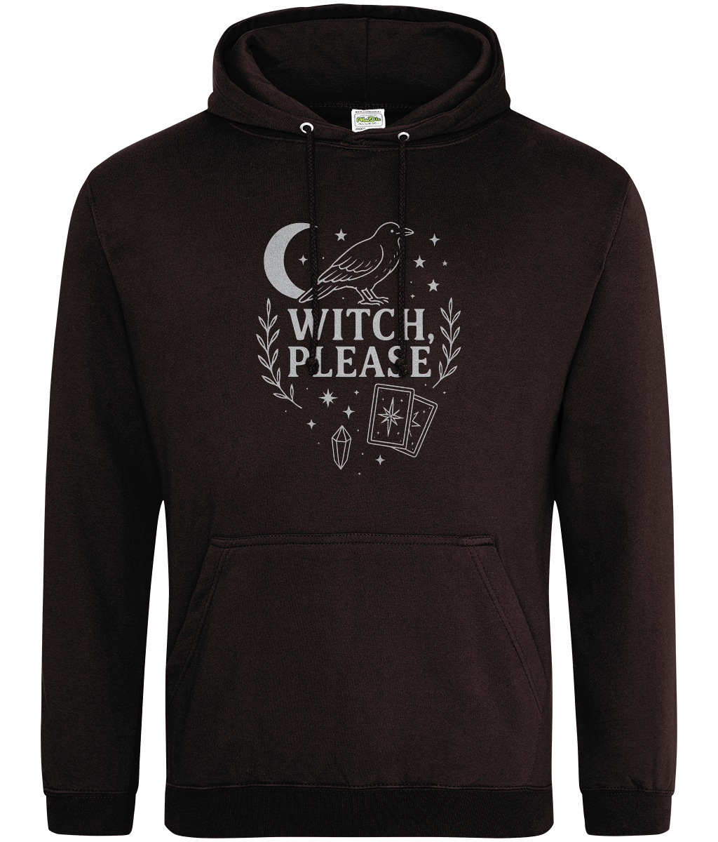 Black hoodie with a printed crow perched over a crescent moon above the words "WITCH, PLEASE," surrounded by stars, laurel branches, two tarot cards and a crystal on a white background.