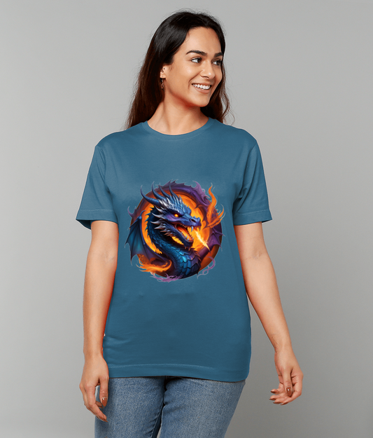 Blue Head Fire Dragon T-Shirt featuring elemental fire dragon artwork on classic fit made-to-order UK graphic tee