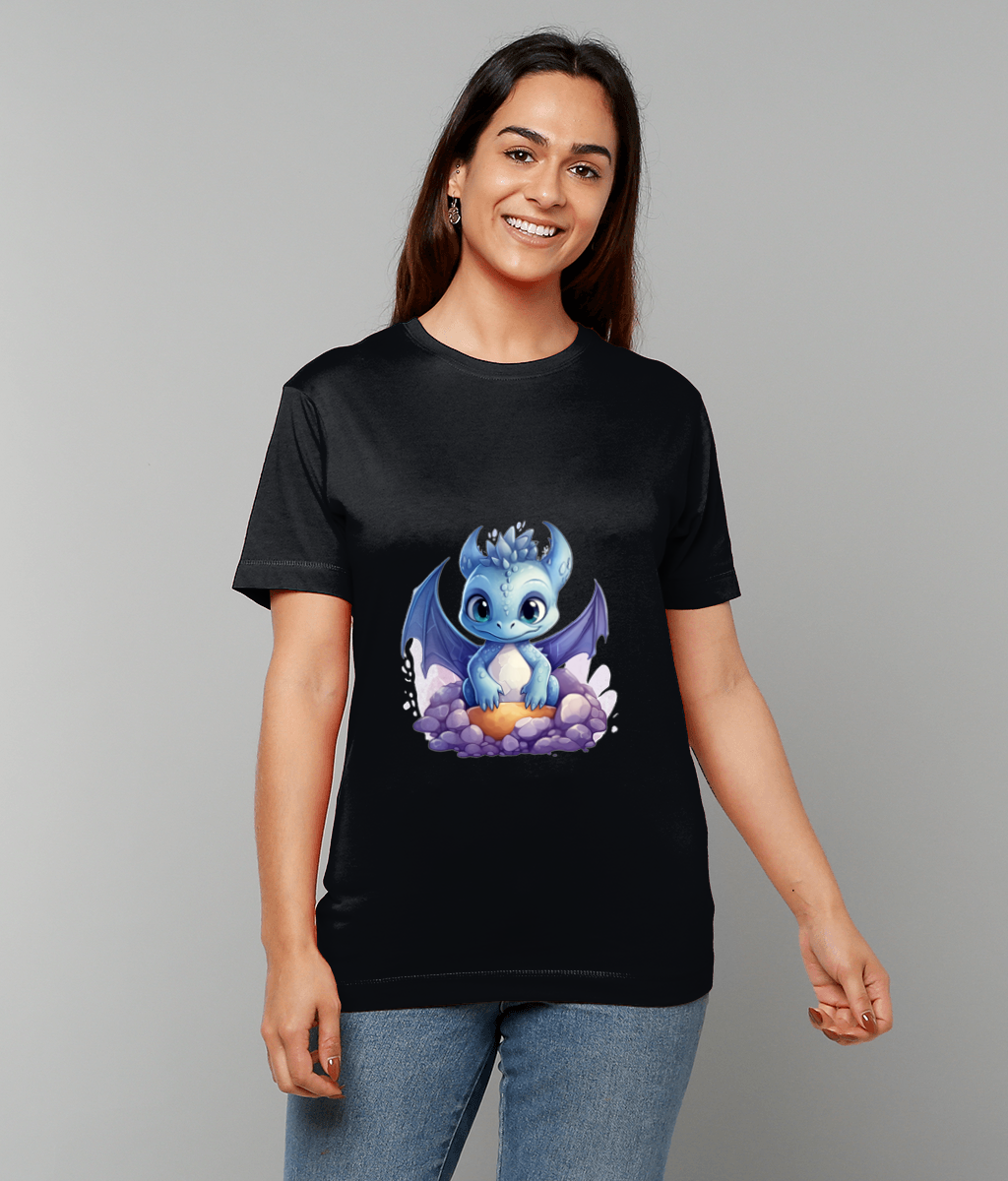 T-Shirt Elemental Baby Dragon Blue on Rocks featuring blue baby dragon graphic on rocks on made-to-order UK tee