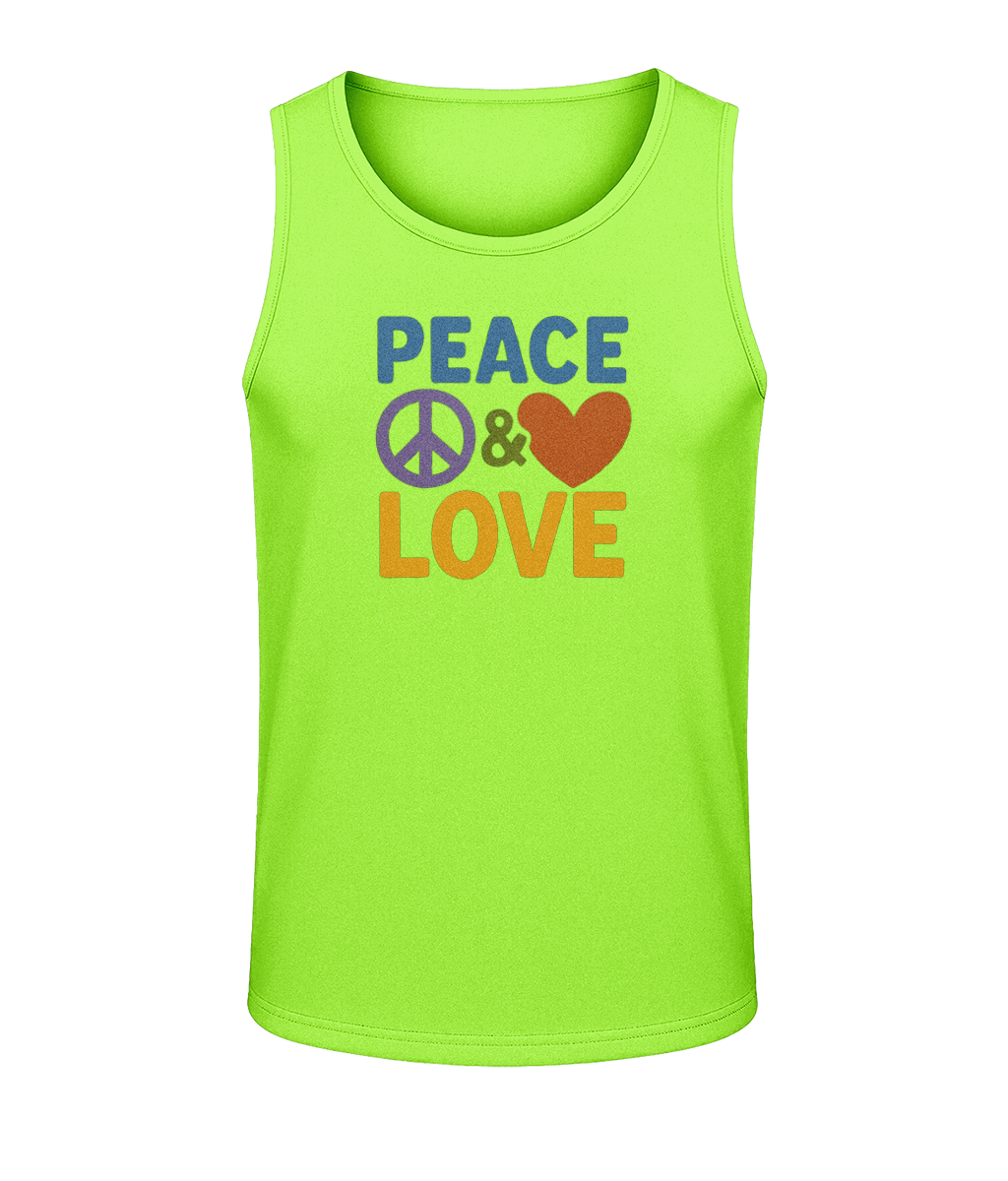 A neon green sleeveless tank top displays the text "PEACE & LOVE" with a purple peace symbol and an orange heart on a black background.