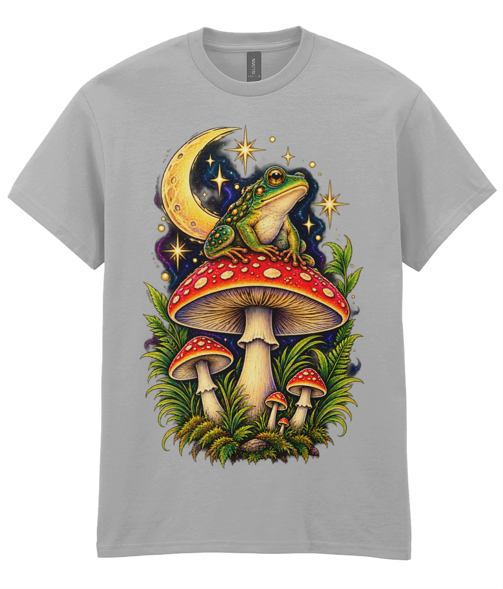 Frog Shrooms T-Shirt - colourful frog perched on a large fly agaric mushroom with crescent moon behind