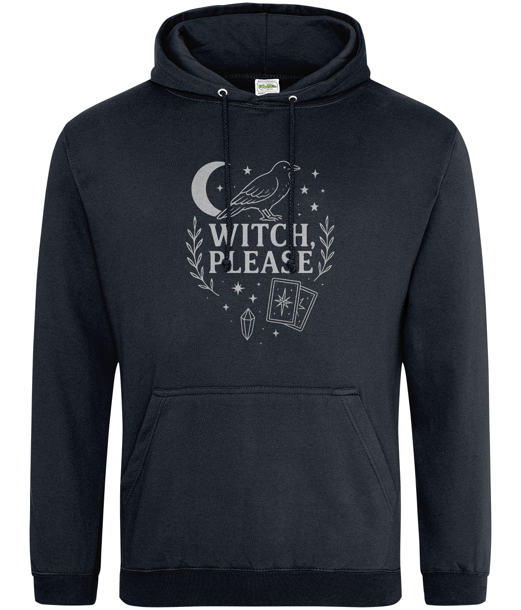 Black hooded sweatshirt displays a moon with raven occult graphic reading "WITCH, PLEASE" with stars, laurel branches, tarot cards and a crystal against a plain white background.
