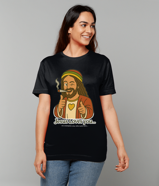 Rasta Jesus Loves You T-shirt – cartoon Jesus graphic smoking and giving thumbs up