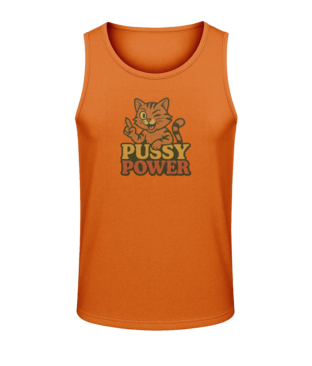 Orange tank top displays a winking cartoon cat pointing upward above bold text reading "PUSSY POWER" centered on the chest against a plain black background.