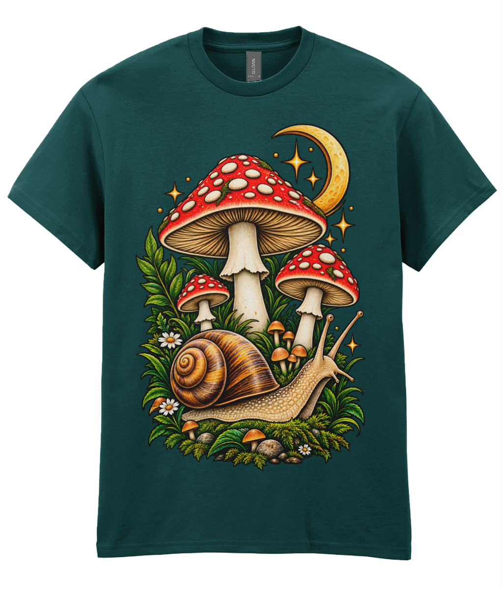 Snail Shrooms T-Shirt - colourful large snail travelling through a cluster of mushrooms graphic print