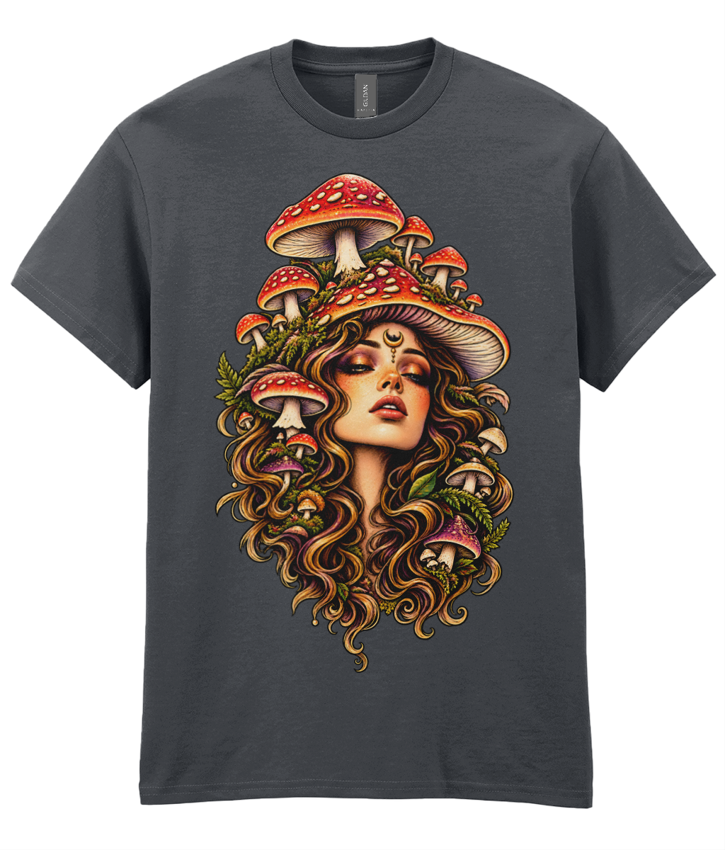 Madame Shrooms T-Shirt - colourful woman wearing oversized mushroom hat surrounded by fungi with flowing hair