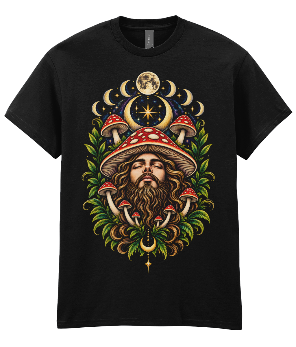 Lunar Shrooms Guy T-Shirt - colourful male face with mushroom hat moon phases and mushrooms growing through beard