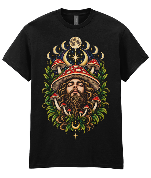 Lunar Shrooms Guy T-Shirt - colourful male face with mushroom hat moon phases and mushrooms growing through beard