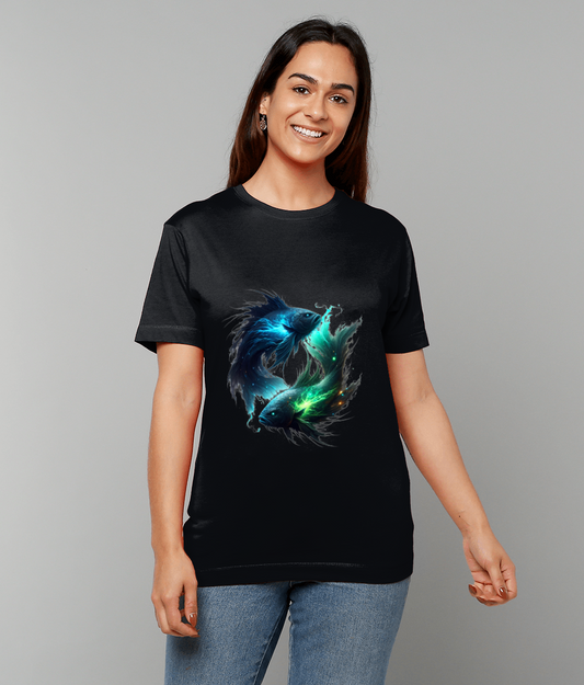 Ethereal Pisces Zodiac T-Shirt with Pisces glyph and gentle ethereal graphic on classic fit tee