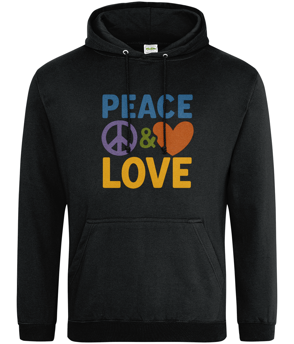 Black hooded sweatshirt displays the text "PEACE & LOVE" with a purple peace symbol, green ampersand and orange heart centered on the chest against a plain white background.
