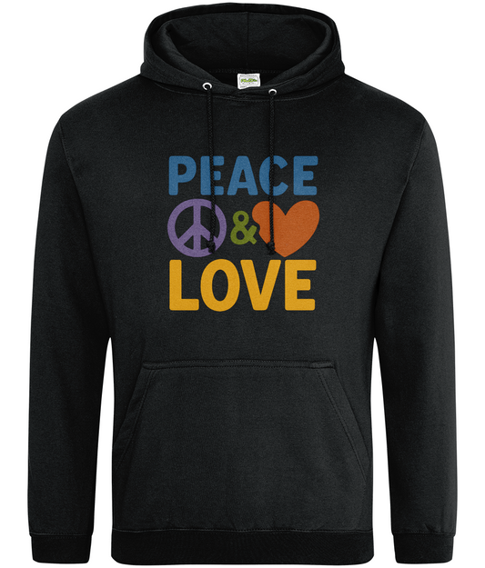 Black hooded sweatshirt displays the text "PEACE & LOVE" with a purple peace symbol, green ampersand and orange heart centered on the chest against a plain white background.