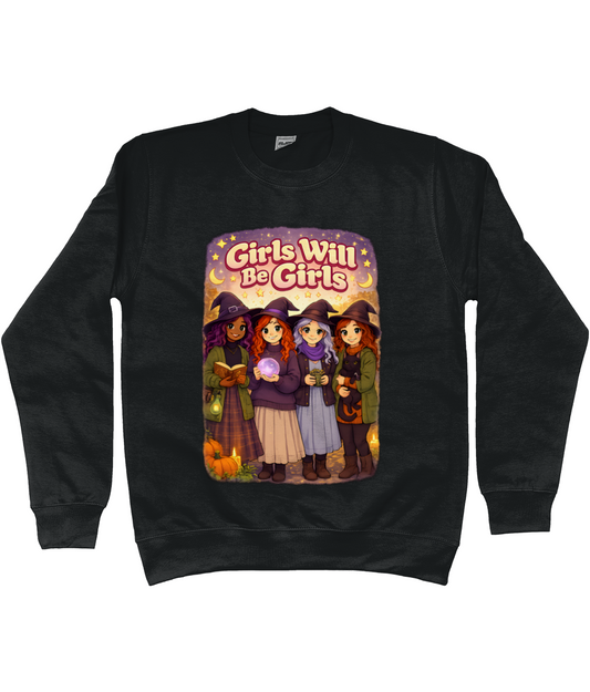 Girls Will Be Girls Sweatshirt – witch-inspired slogan sweatshirt with relaxed fit and soft cotton-faced fabric