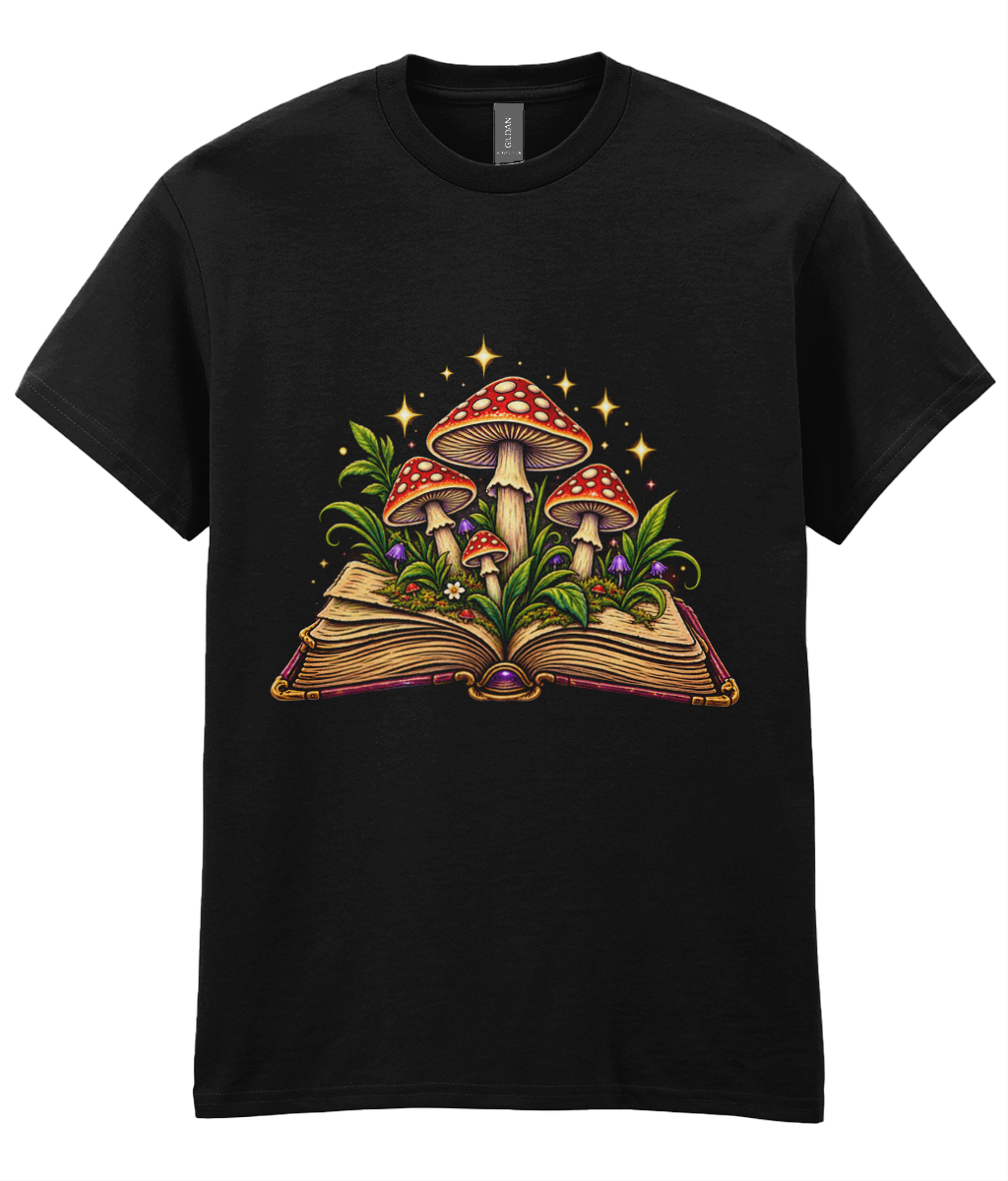 Book Shroom T-Shirt - colourful open old book with mushrooms growing from the pages and stars floating above