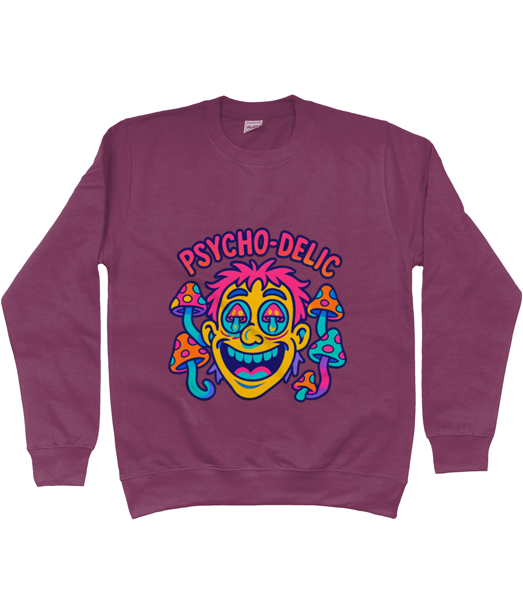 Plum crewneck sweatshirt displays "PSYCHO-DELIC" above a grinning neon cartoon face with mushroom pupils and multicolored mushrooms growing around it against a plain background.