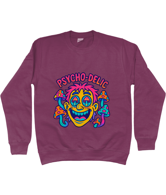 Plum crewneck sweatshirt displays "PSYCHO-DELIC" above a grinning neon cartoon face with mushroom pupils and multicolored mushrooms growing around it against a plain background.