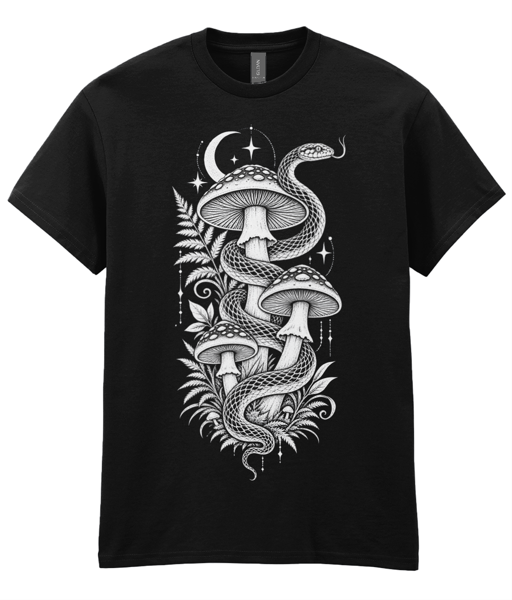 Snake Shroom T-Shirt - white snake winding around three tall mushrooms graphic print