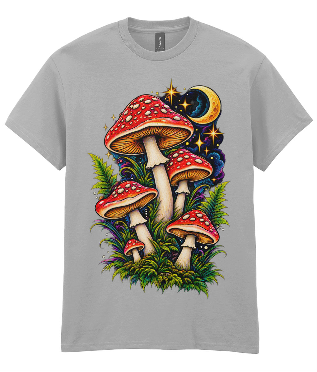 Moon Shroom T-Shirt - colourful woodland mushrooms amongst fern fronds with small crescent moon graphic print