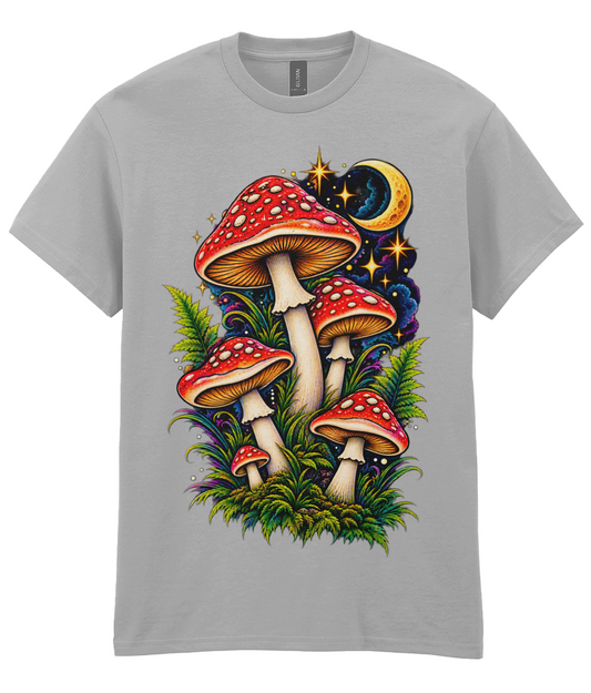 Moon Shroom T-Shirt - colourful woodland mushrooms amongst fern fronds with small crescent moon graphic print