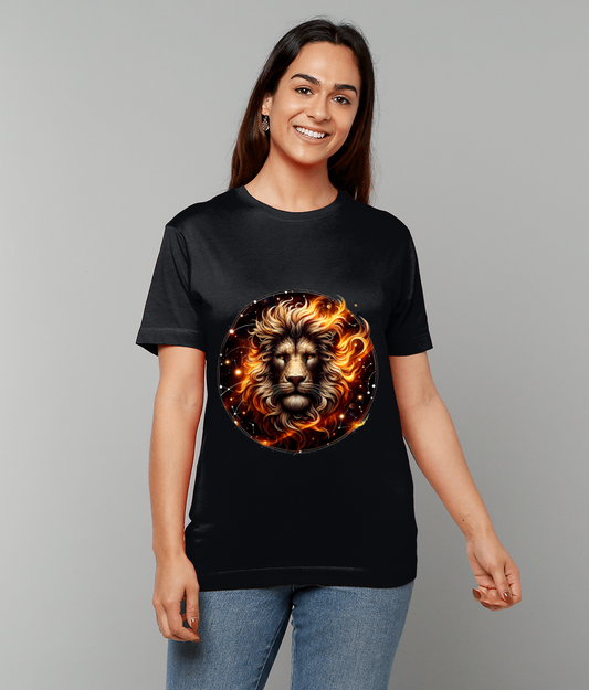 Celestial Leo Zodiac T-Shirt with Leo glyph and celestial graphic on classic fit tee