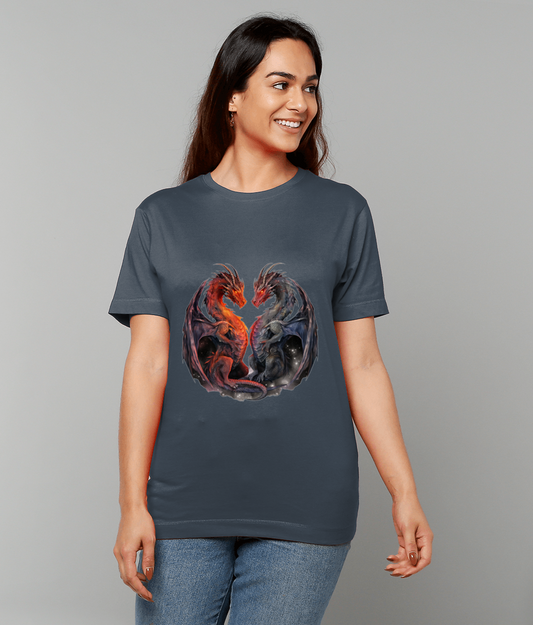 Twin Fire Dragon T-Shirt featuring dual fire dragon artwork on made-to-order UK classic fit tee
