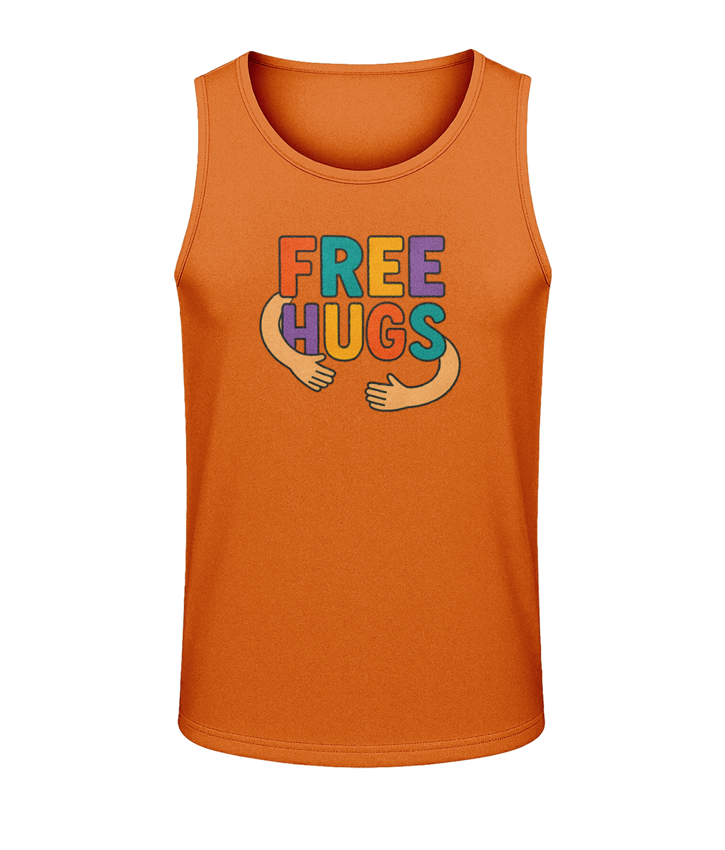 Orange tank top displays colorful text "FREE HUGS" with cartoon arms wrapping beneath the letters on a plain black background.