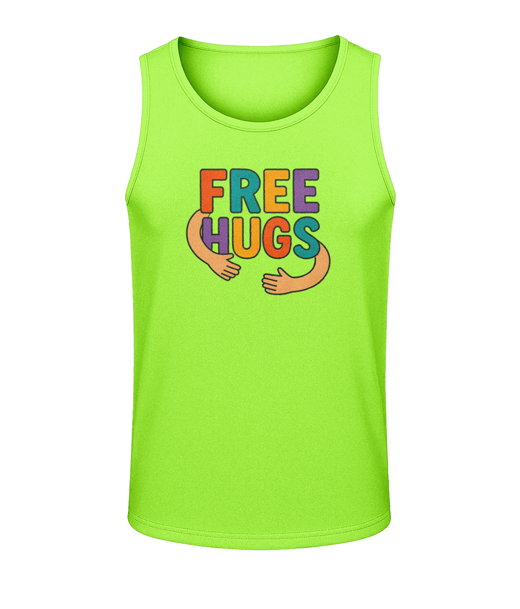 Neon green tank top displays colorful text "FREE HUGS" with stylized embracing arms beneath the letters, centered on a plain black background.