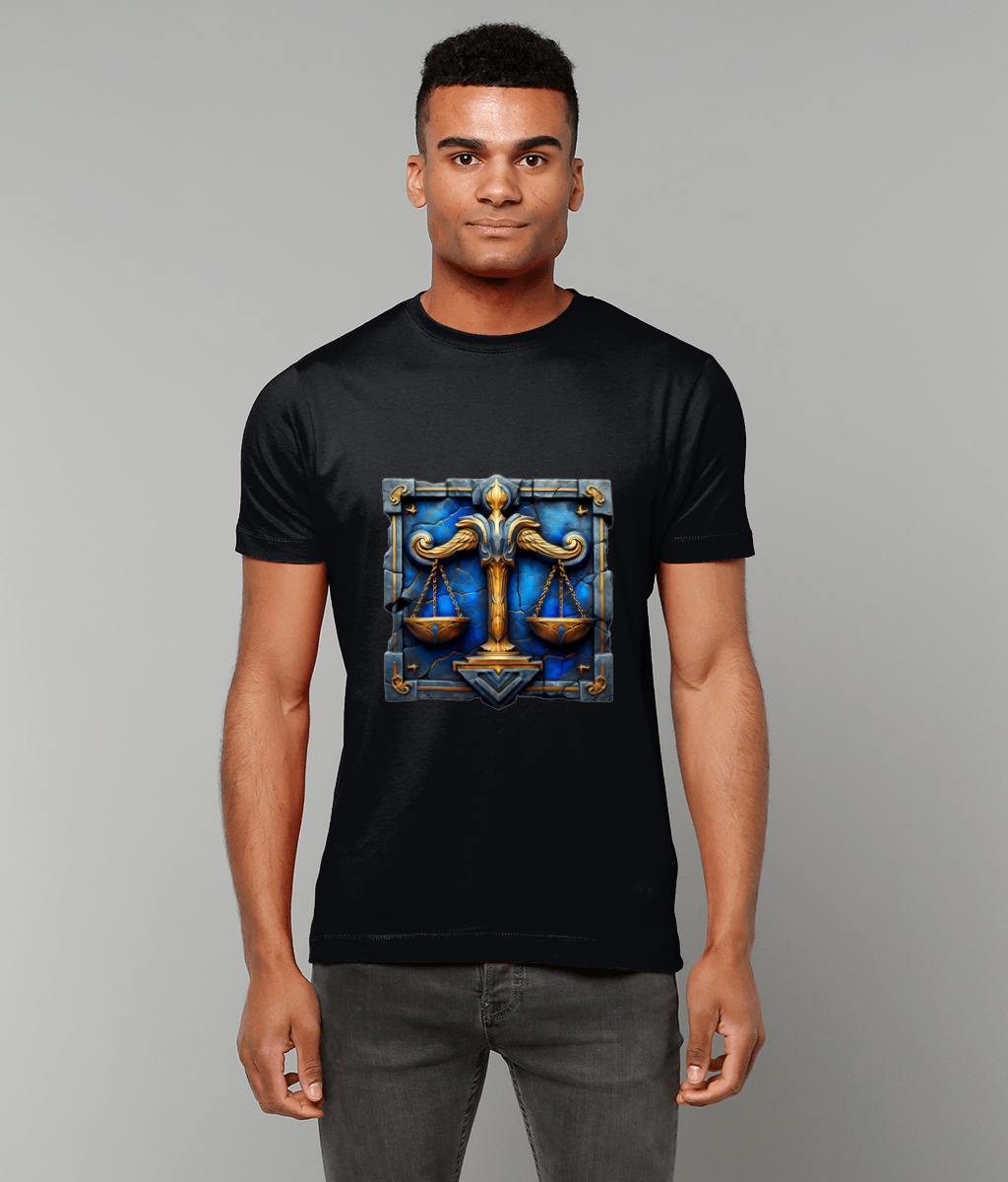 Stone Tablet Libra Zodiac T-Shirt with balanced Libra glyph on stone texture graphic, classic fit tee