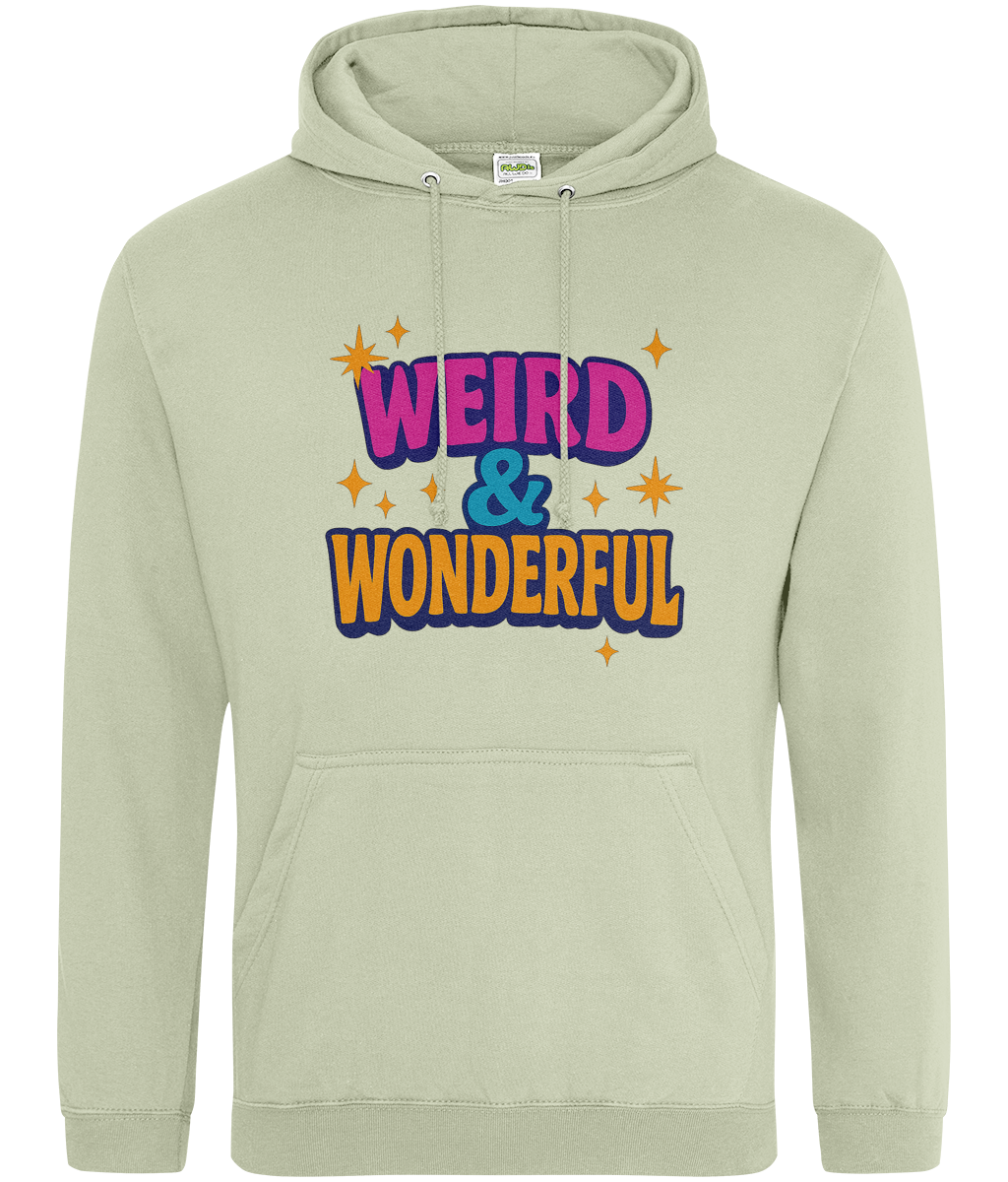 Light sage green hoodie displaying bold retro text "WEIRD & WONDERFUL" with ampersand, surrounded by small orange stars, centered on the front against a plain white background.