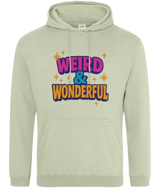 Light sage green hoodie displaying bold retro text "WEIRD & WONDERFUL" with ampersand, surrounded by small orange stars, centered on the front against a plain white background.