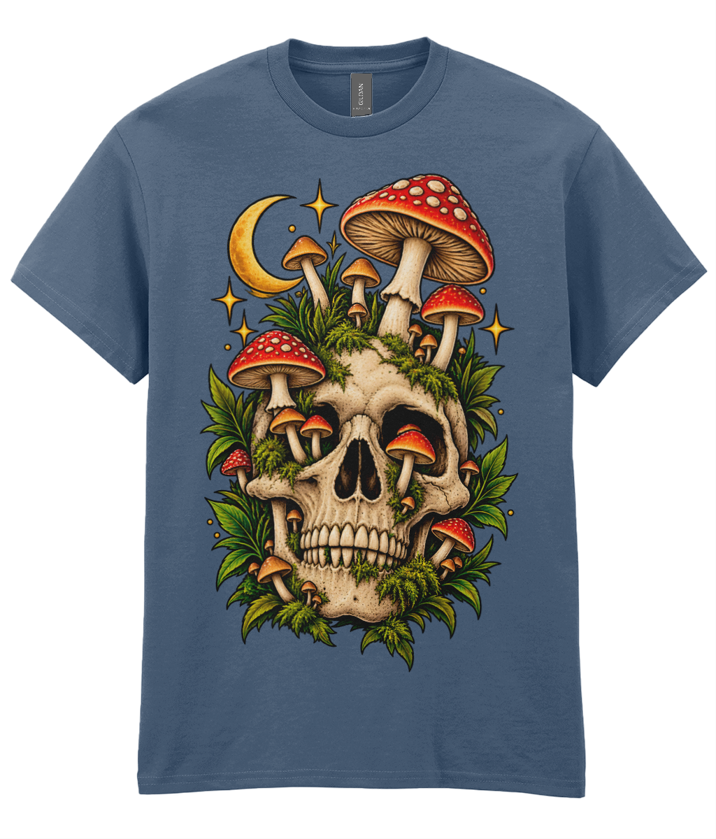 Skull Shrooms T-Shirt - colourful human skull with mushrooms growing through eye sockets and crown graphic print