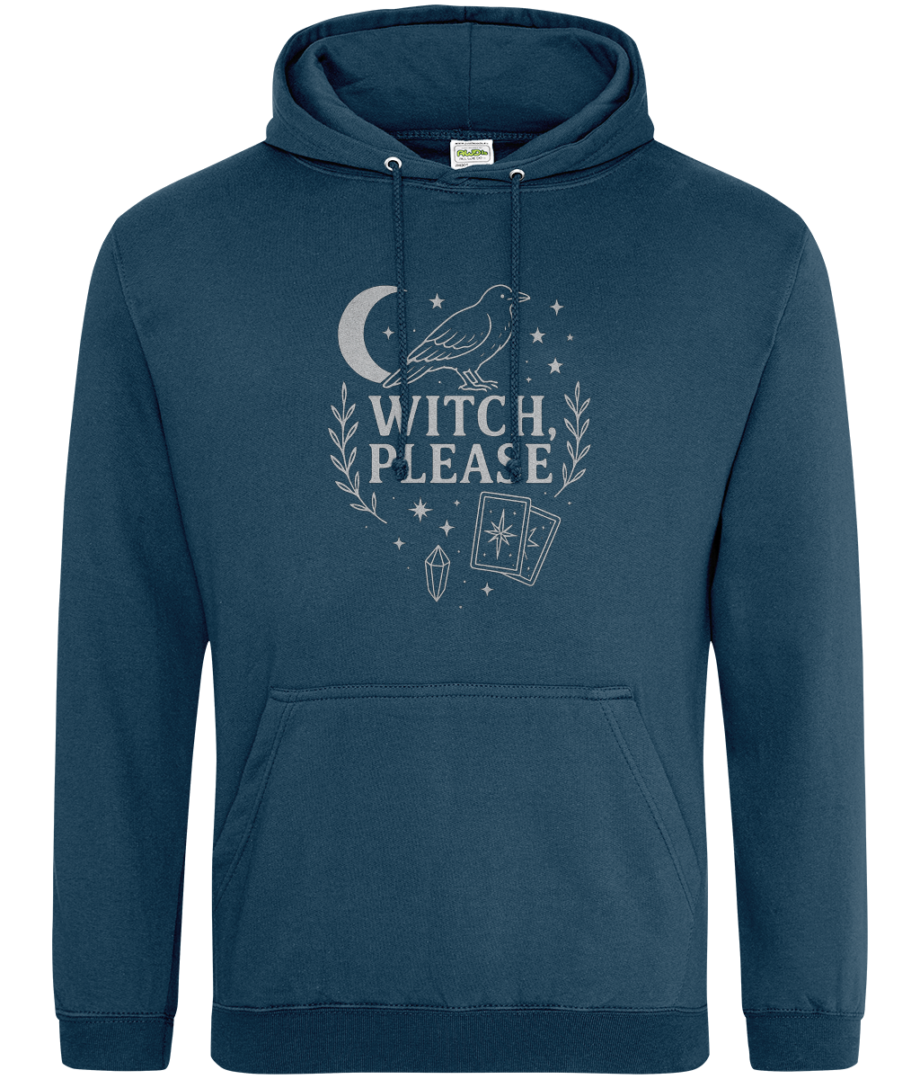 Navy hoodie displays a centered occult graphic: a crow perched beside a crescent moon above the words "WITCH, PLEASE", surrounded by stars, laurel branches, tarot cards and a crystal, studio background.