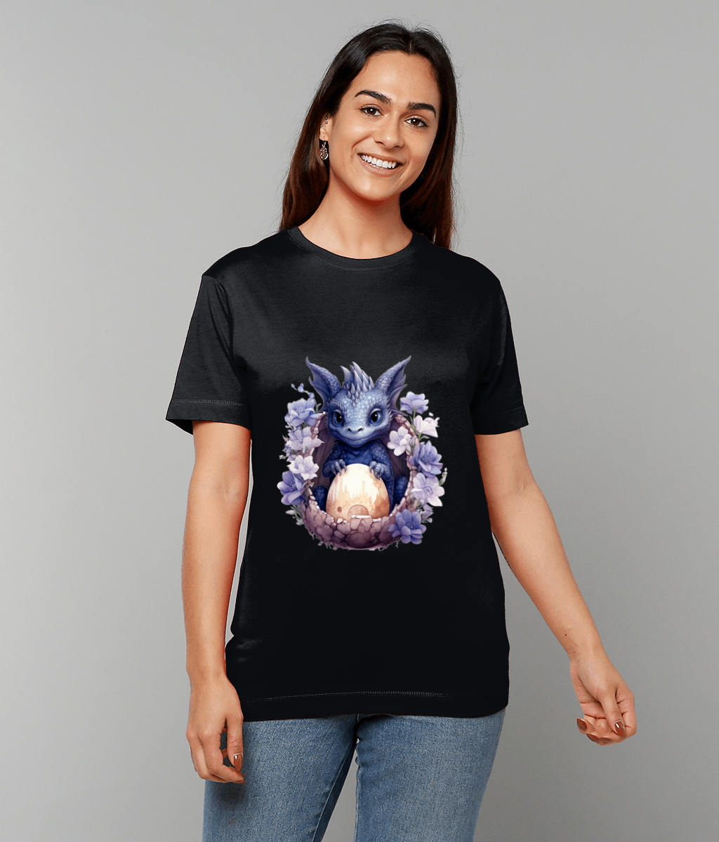 T-Shirt Elemental Baby Dragon Black With Egg featuring black baby dragon and egg graphic on made-to-order UK classic fit tee