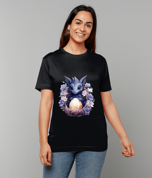 T-Shirt Elemental Baby Dragon Black With Egg featuring black baby dragon and egg graphic on made-to-order UK classic fit tee