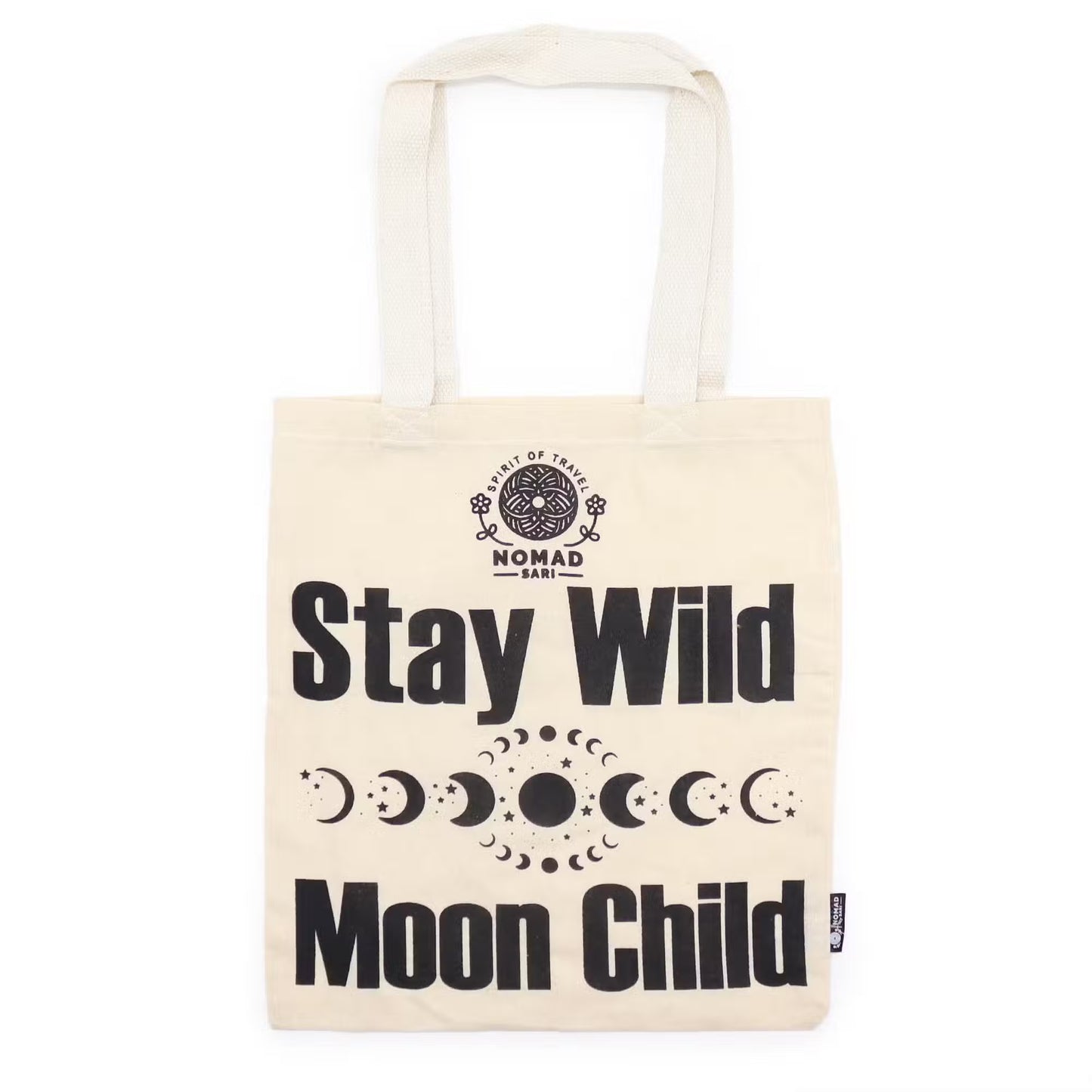 Stay Wild Moon Child natural 4oz cotton tote bag with celestial-inspired design.