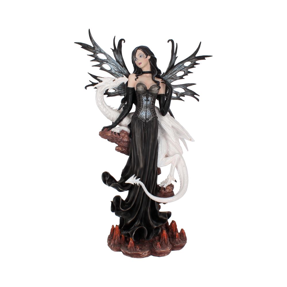 A winged, dark-haired fairy stands next to a white dragon, both perched on brown rocks with lava-like spikes below, against a white background.