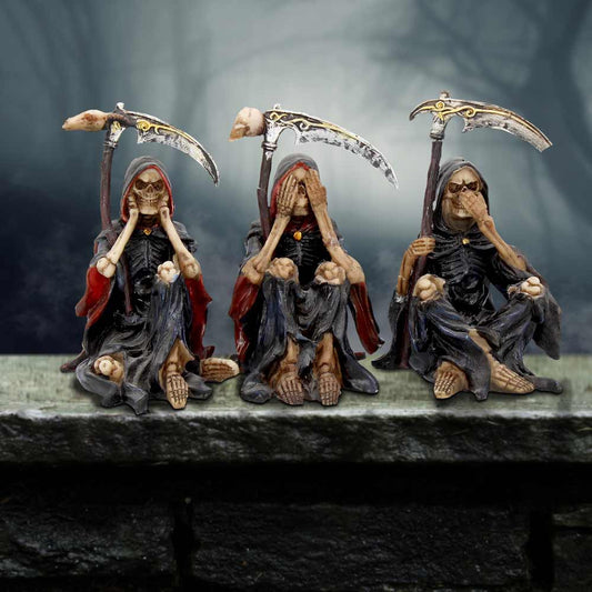 Something Wicked Three Wise Skeletons – hand-finished resin skeletal trio in see no evil, hear no evil, speak no evil poses