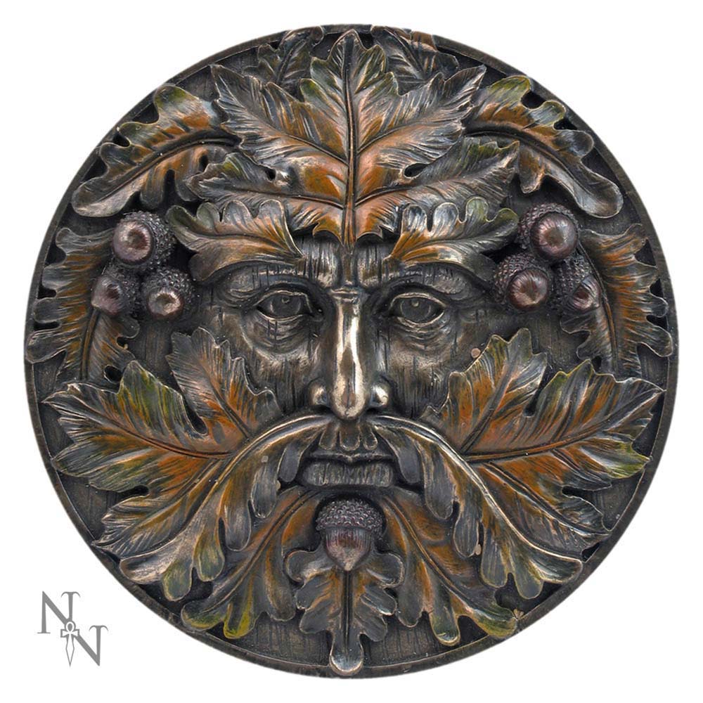 Round Autumn Equinox Green Man plaque with oak-leaf face, acorns and bronze-toned highlights