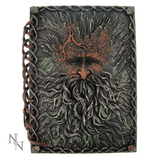 The notebook features an ornate cover with a textured face resembling a bearded man carved into it. A leather strap binds the edge; the background is dark and intricate.