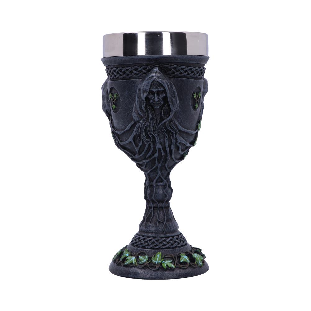 A decorative goblet stands on white. A silver stainless-steel insert is surrounded by a gray, sculpted body depicting an earthy female form with vines and Celtic knots.