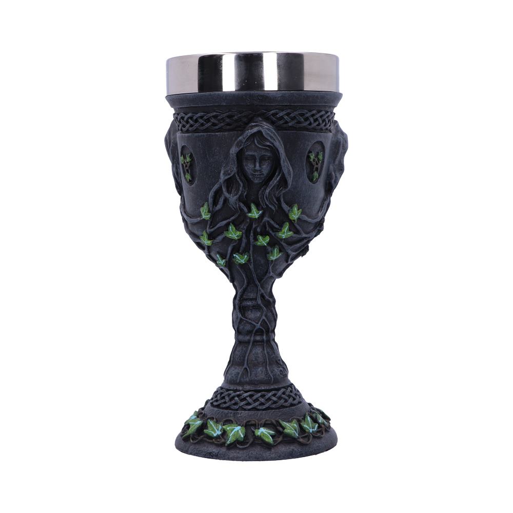 A decorative chalice cup stands, adorned with an embossed Celtic knot pattern, interspersed with female figures, and bright green ivy, against a white backdrop.