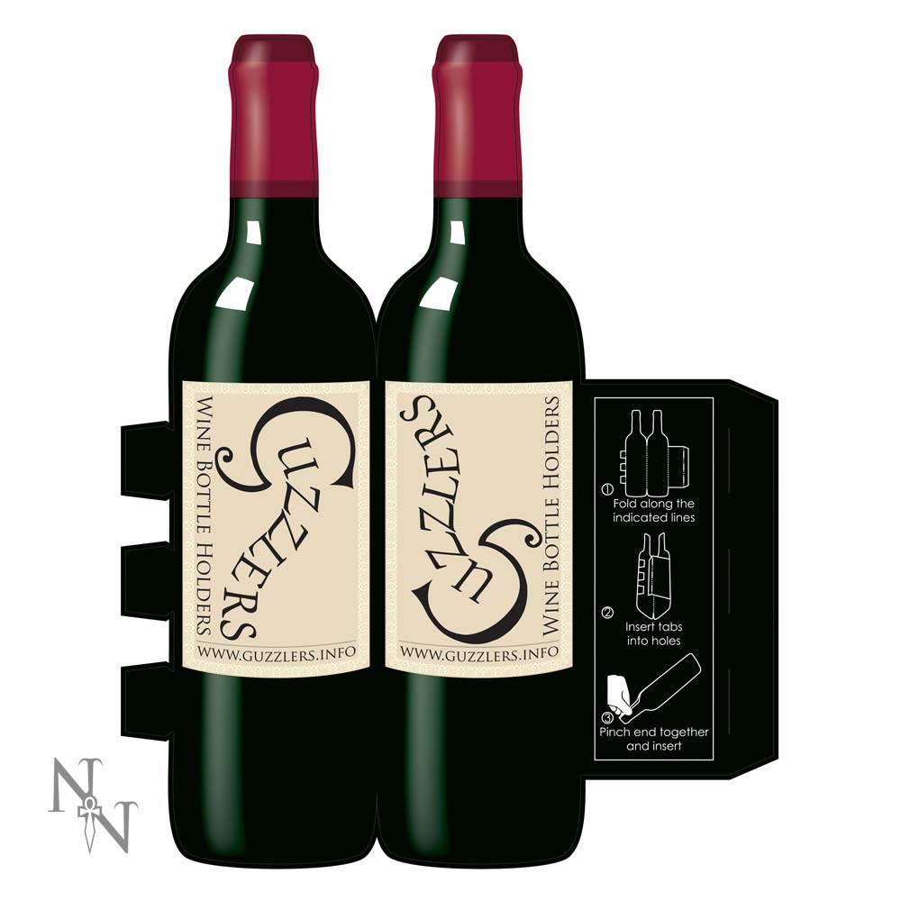 Guzzlers branded bottles and black promotional panel in supplier point-of-sale imagery
