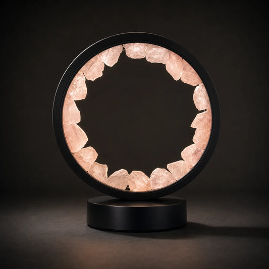 Zen Body Rose Quartz Gemstone Halo Lamp with glowing pink crystal ring on black metal stand UK