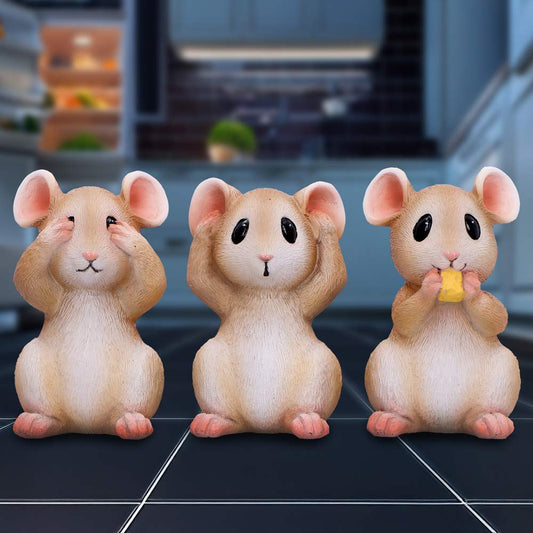 Three Wise Mice Figurines – hand-painted resin mouse trio in see no evil, hear no evil, speak no evil pose