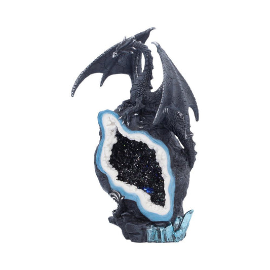 Black dragon above a geode-style opening with blue-and-white crystal-like border