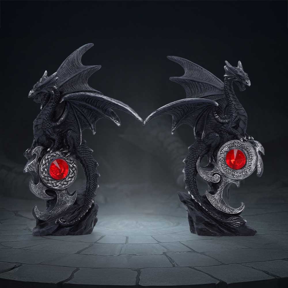 Pair of black Midnight Protectors dragons on a dark fantasy themed background
