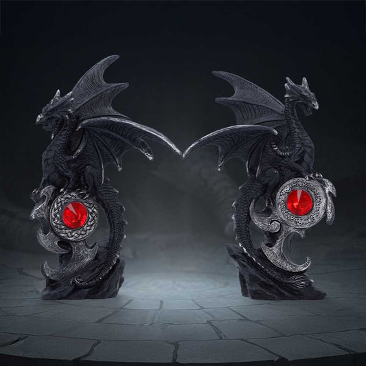 Pair of black Midnight Protectors dragons on a dark fantasy themed background