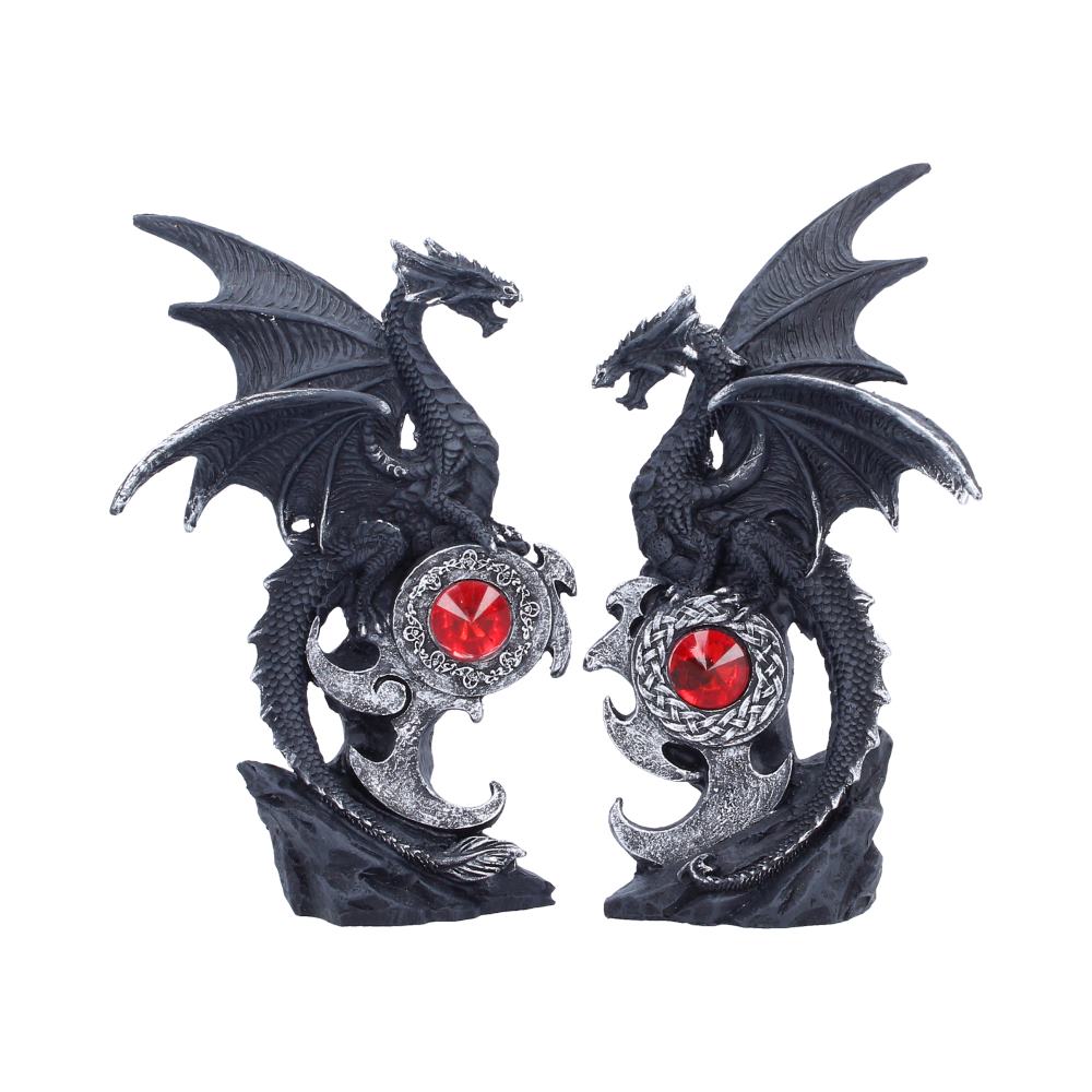 Midnight Protectors pair of black dragons facing inward above red jewel-like details