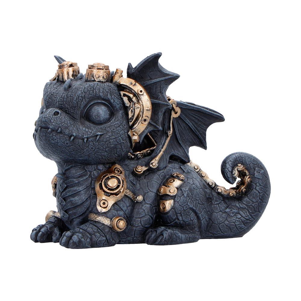Gearling Black Steampunk Dragon Figurine - side showing curled tail and mechanical fittings