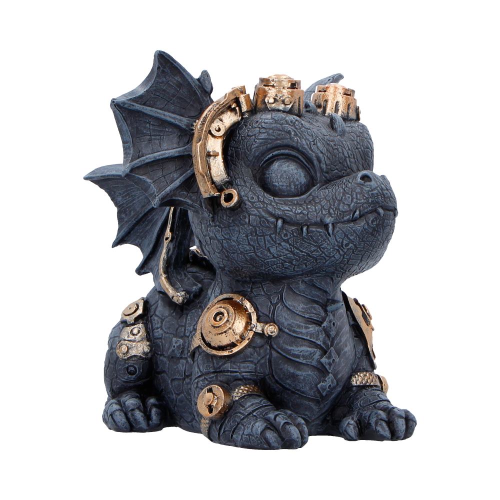 Gearling Black Steampunk Dragon Figurine - angled face and bronze-toned shoulder details