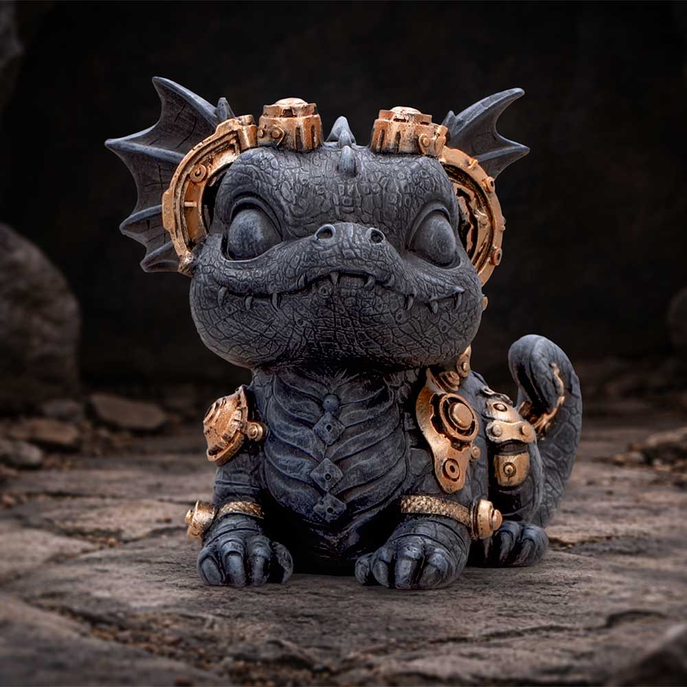 Gearling Black Steampunk Dragon Figurine - seated black dragon on a stone display